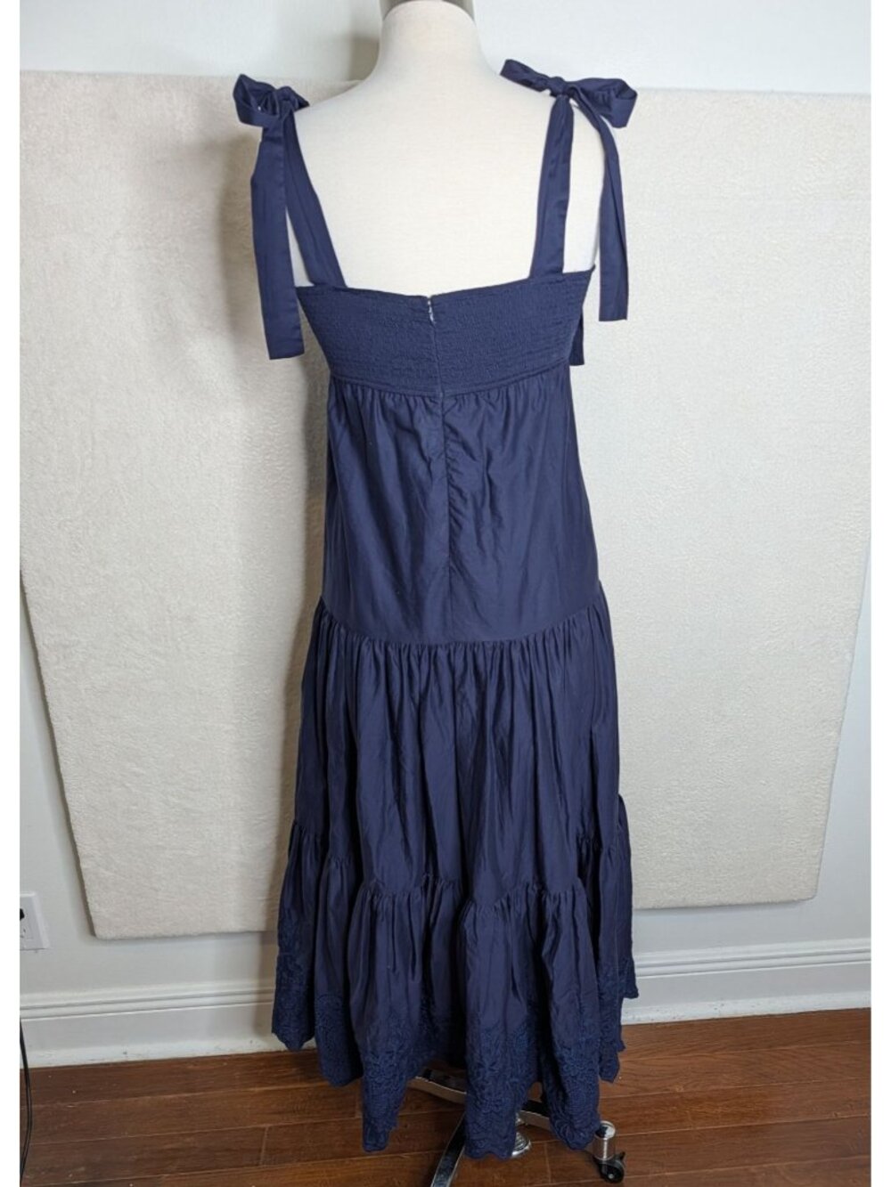 Jason Wu Tiered Embroidered Eyelet Maxi Dress Navy Shoulder Bow Ties Size S - Picture 12 of 14